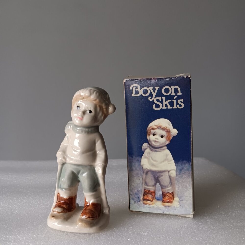 Vintage Boy on Skis Figurine Original Box 3.5" Hand Painted Mid-Century Gifts